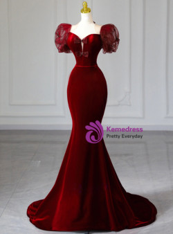 Burgundy Mermaid Velvet Puff Sleeve Bow Prom Dress Burgundy Mermaid Velvet Puff Sleeve Bow Prom Dress