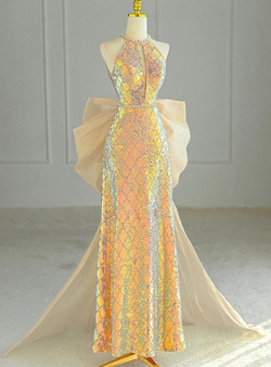Gold Sequins Halter Backless Bow Prom Dress Gold Sequins Halter Backless Bow Prom Dress
