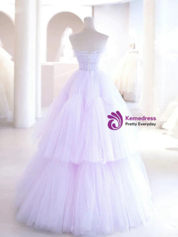 Light Purple Tulle Pleats Beading Prom Dress