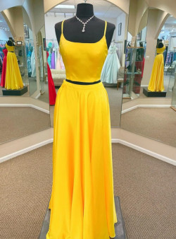 Yellow Satin Two Piece Spaghetti Straps Prom Dress Yellow Satin Two Piece Spaghetti Straps Prom Dress