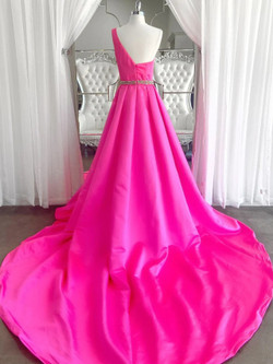 Fuchsia Satin One Shoulder Pleats Prom Dress