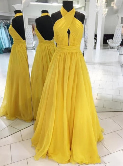 Yellow Chiffon Halter Backless Pleats Prom Dress
