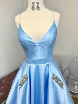 Blue Satin Straps Pocket Beading Prom Dress
