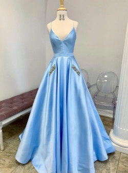 Blue Satin Straps Pocket Beading Prom Dress