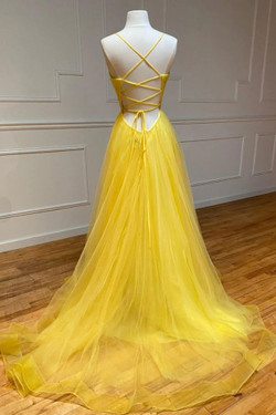 Yellow Tulle Spaghetti Straps Pleats Backless Prom Dress Yellow Tulle Spaghetti Straps Pleats Backless Prom Dress