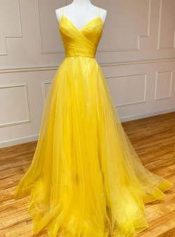 Yellow Tulle Spaghetti Straps Pleats Backless Prom Dress Yellow Tulle Spaghetti Straps Pleats Backless Prom Dress
