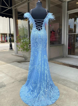 Blue Mermaid Sequins Appliques Feather Prom Dress