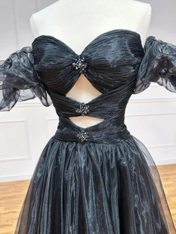 Black Organza Off the Shoulder Beading Pleats Prom Dress