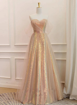 A-Line Gold Tulle Sequins Prom Dress