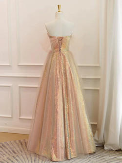 A-Line Gold Tulle Sequins Prom Dress