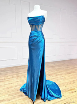 Simple Blue Satin Strapless Pleats Split Prom Dress Simple Blue Satin Strapless Pleats Split Prom Dress