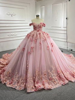 Pink Tulle 3D Appliques Prom Dress With Train