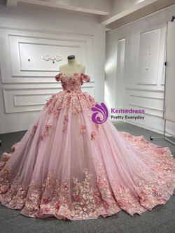Pink Tulle 3D Appliques Prom Dress With Train