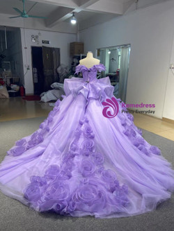 Purple Tulle Off the Shoulder 3D Flower Prom Dress