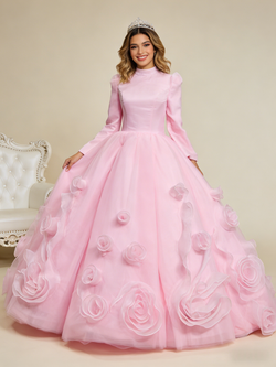 Pink Long Sleeve High Neck 3D Flower Prom Dress