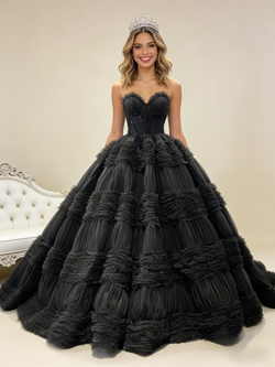 Black Ball Gown Tulle Beading Prom Dress