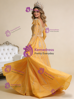 Gold V-neck Sequins Beading Prom Dress With Detachable Train