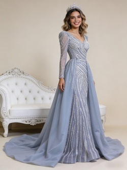 Gray Mermaid V-neck Beading Prom Dress With Detachable Train