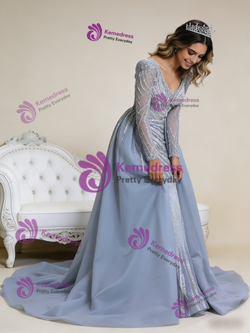 Gray Mermaid V-neck Beading Prom Dress With Detachable Train