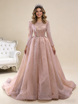 Pink Tulle Long Sleeve Beading Prom Dress
