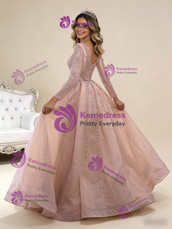 Pink Tulle Long Sleeve Beading Prom Dress