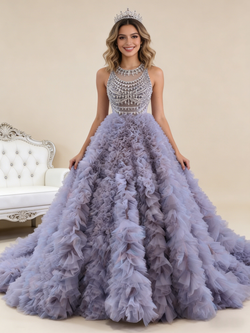  Purple Ball Gown Tulle Ball Gown Crystal Prom Dress