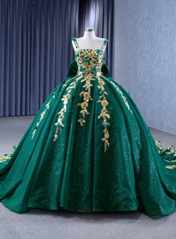 Green Ball Gown Tulle Sequins Gold Appliques Prom Dress
