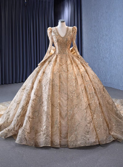 Gold Tulle Sequins Pearls V-neck Prom Dress