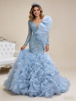 Light Blue Mermaid Tulle Beading Prom Dress