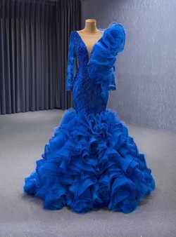 Blue Mermaid Tulle Beading Long Sleeve Prom Dress