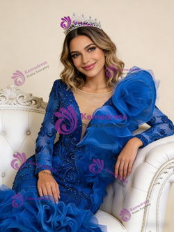 Blue Mermaid Tulle Beading Long Sleeve Prom Dress