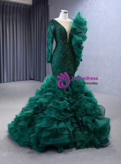 Dark Green Long Sleeve Mermaid Tulle Beading Prom Dress