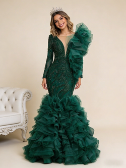 Dark Green Long Sleeve Mermaid Tulle Beading Prom Dress