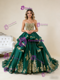Green Tulle Sequins Appliques Pearls Prom Dress