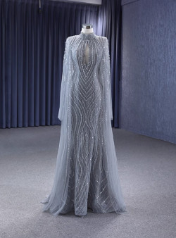 Gray Mermaid Sequins Beading High Neck Prom Dress