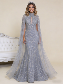 Gray Mermaid Sequins Beading High Neck Prom Dress
