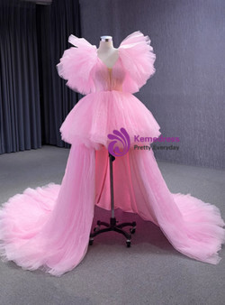 Pink Tulle Hi Lo V-neck Princess Prom Dress