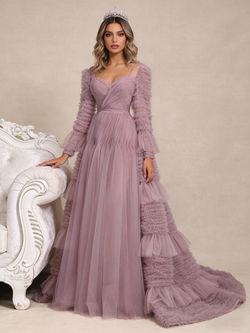 Pink Tulle Pleats Beading Prom Dress