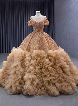 Champagne Ball Gown Tulle Sequins Beading Prom Dress