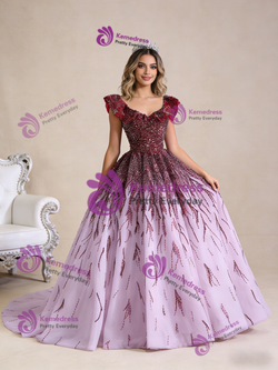 Purple Ball Gown Beading V-neck Prom Dress