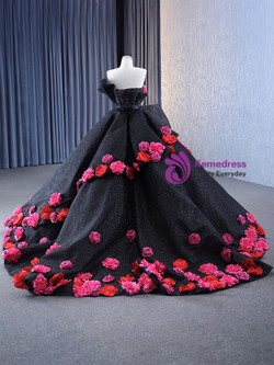 Black Sequins Ball Gown Strapless Flower Prom Dress