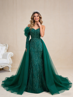 Green Mermaid Tulle Beading Long Sleeve Prom Dress