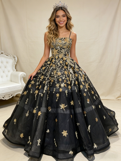 Black Tulle Spaghetti Straps Sequins Prom Dress