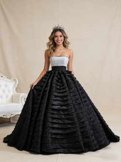 Black Ball Gown Strapless Tiers Sequins Prom Dress