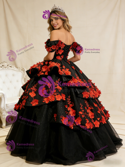 Fashion Black Tulle Red 3D Appliques Prom Dress