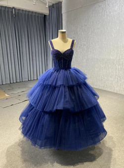Navy Blue Tulle Tiers Beading Short Prom Dress