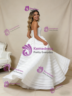White Ball Gown Strapless Tiers Sequins Prom Dress