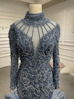 Dark Blue Tulle Mermaid Beading Prom Dress