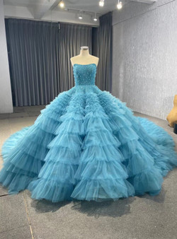 Light Blue Tulle Beading Strapless Tiers Pleats Prom Dress