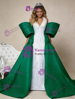 White V-neck Sequins Beading Satin Prom Dress